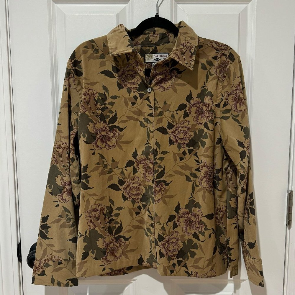 Caribbean Joe Brown‎ Tan Floral Long Sleeve Button Up Shirt - Size XL Petite